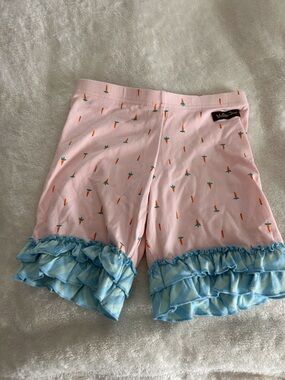 Matilda Jane Pink Carrot-Print Ruffle Hem Bike Shorts with Blue Trim